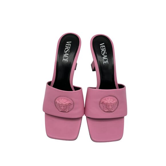 Versace 'Medusa' Pink Leather Mid-Heel Mules Size 8 - Picture 3 of 5